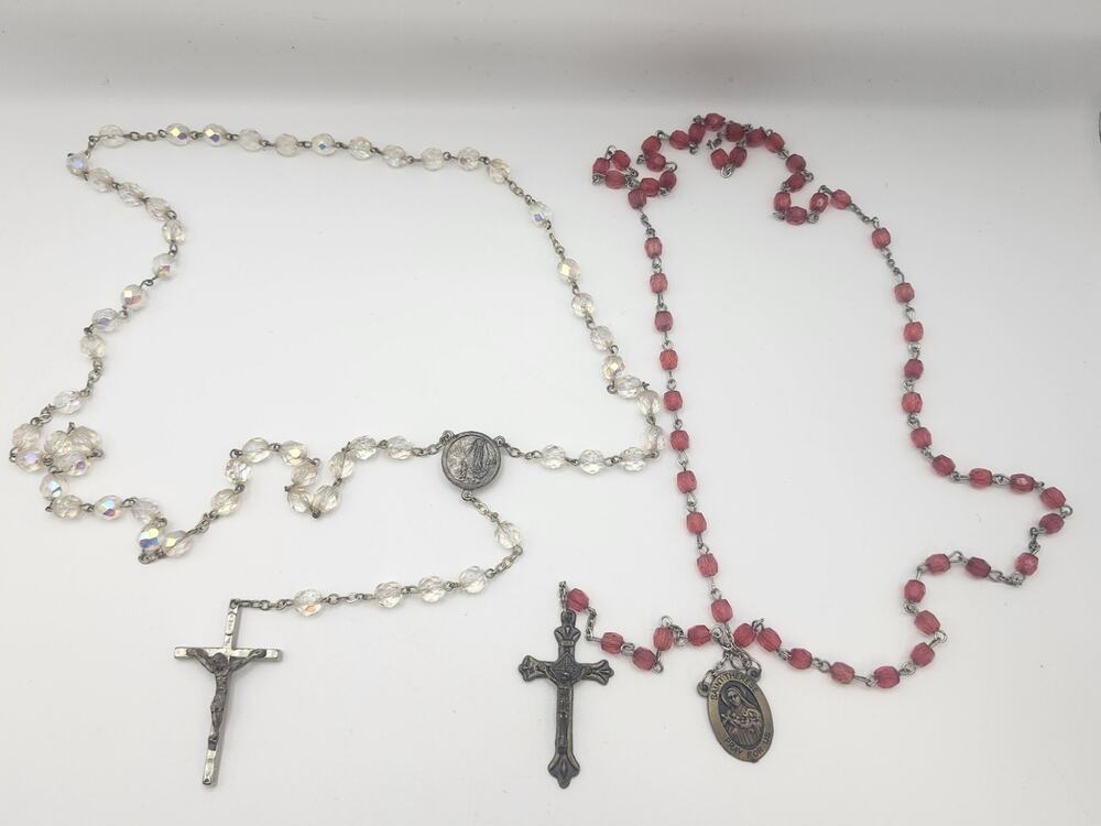 Vintage Lot of 2 Rosaries Clear and Red Beads Catholic Devotional 1970s READ